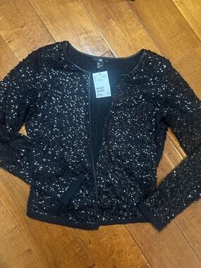 H&M Black Sequin Open-Front Cardigam